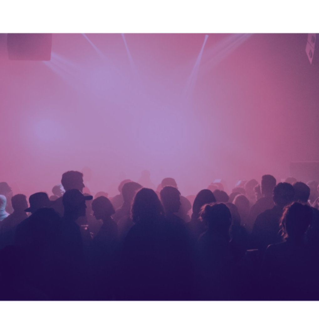 Crowd at a live concert event with purple and pink atmospheric lighting